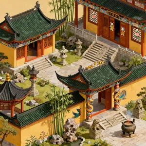 Isometric architectural illustration of an ancient Chinese temple complex showing multiple pavilions, gardens, and ceremonial spaces. Include proper roof structures and traditional ornamentation. - Bytedance Seedream 4.0
