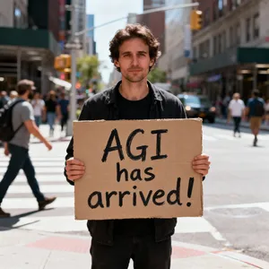 Photorealistic daytime street photograph, clearly showing a man standing still on a busy urban street corner holding a rectangular cardboard sign clearly facing camera, handwritten bold black marker text clearly readable as 