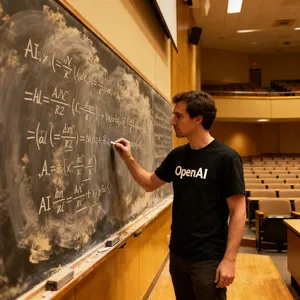 Photorealistic depiction of a man wearing a clearly visible black OpenAI-branded T-shirt. He is standing at the front of a university lecture hall, writing complex mathematics and AI-related equations across a large, dusty chalkboard filled with notation - Bytedance Seedream 4.0