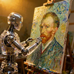 Photorealistic image of a robot painting a realistic self-portrait (i.e. the robot) on canvas, mimicking Van Gogh’s art style; clear, realistic metallic textures and painting details visible - Bytedance Seedream 4.0