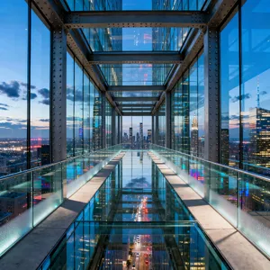 Photorealistic rendering of a contemporary glass skybridge between two skyscrapers, seen from inside with city views visible through glass walls and floor. Show accurate reflections and structural details. - Bytedance Seedream 4.0
