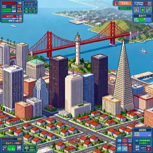 Pixel art cityscape of San Francisco in the iconic SimCity 2000 style, isometric view, detailed skyscrapers, residential areas, clearly identifiable Golden Gate Bridge, Coit Tower, Transamerica Pyramid, surrounded by the classic SimCity 2000 UI elements - Bytedance Seedream 4.0