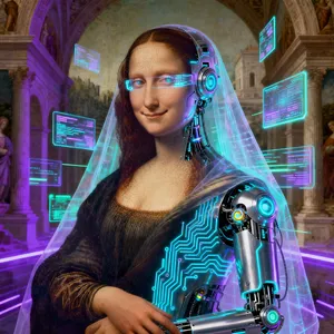 The Mona Lisa reimagined as a futuristic android, rendered in a digital art style that preserves Da Vinci's composition while incorporating sleek cyberpunk aesthetics and technological elements. - Bytedance Seedream 4.0