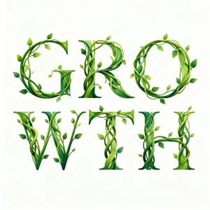 The word 'GROWTH' visualized using stylized plant vines organically forming the letters, green tones, white background, graphic design. - Bytedance Seedream 4.0