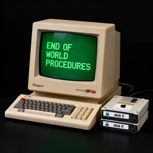 Vintage Apple II computer with green monochrome CRT screen, displaying 'END OF WORLD PROCEDURES' in green text. Two external floppy drives stacked on the right, labeled disk II with rainbow Apple logos. Beige casing, black background, retro aesthetic. - Bytedance Seedream 4.0