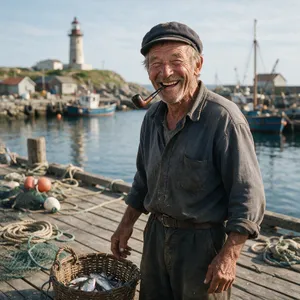 A 4K photo of an old fisherman with a weathered face and a pipe, grinning. - Bytedance Seedream 5.0 Pro