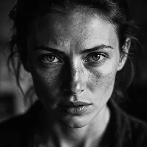 A black and white close-up portrait of a freckled woman with an intense gaze. - Bytedance Seedream 5.0 Pro