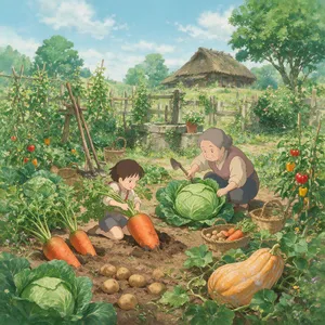 A child and elder tending oversized vegetables in a garden. Reproduce the artistic style of Studio Ghibli, with their distinctive character proportions and detailed plant illustrations. - Bytedance Seedream 5.0 Pro