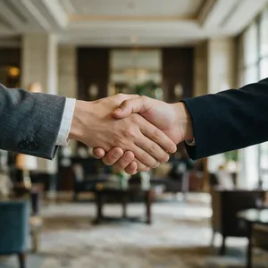 A close-up of two people shaking hands, both hands fully visible with five fingers each, in sharp focus against a blurred background. - Bytedance Seedream 5.0 Pro
