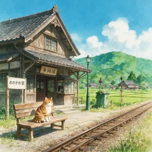 A countryside train station with a cat waiting on a bench. Rendered in Studio Ghibli animation style with Miyazaki's watercolor backgrounds and hand-drawn quality. - Bytedance Seedream 5.0 Pro