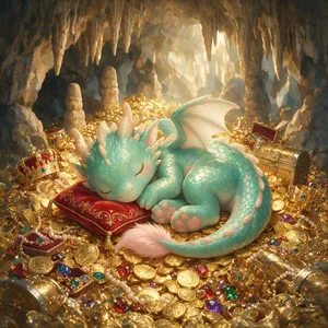 A cute chibi-style dragon sleeping on a pile of gold. - Bytedance Seedream 5.0 Pro