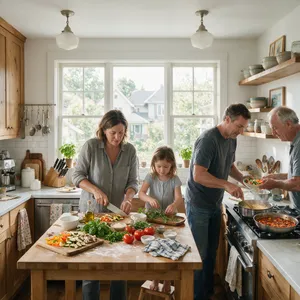 A family cooking together in a kitchen, each person busy with a different task. - Bytedance Seedream 5.0 Pro