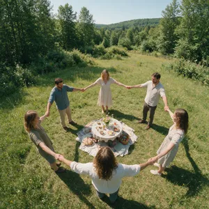A group of five people joining hands in a circle, seen from above. - Bytedance Seedream 5.0 Pro