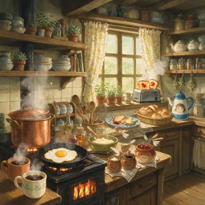 A kitchen with magical cooking implements preparing breakfast. Duplicate the artistic style of Studio Ghibli's domestic scenes, with Miyazaki's detailed settings and warm lighting. - Bytedance Seedream 5.0 Pro