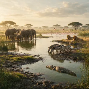 A misty dawn at an African savanna watering hole where elephants, lions, and zebras coexist in tense harmony, with a crocodile partially submerged in the foreground and flamingos taking flight in the background, golden hour lighting. - Bytedance Seedream 5.0 Pro