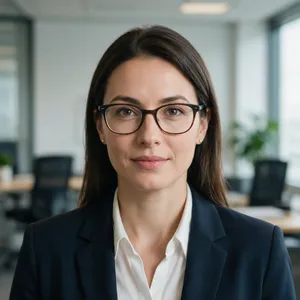 A professional headshot of a businesswoman wearing glasses, against a blurred background. - Bytedance Seedream 5.0 Pro