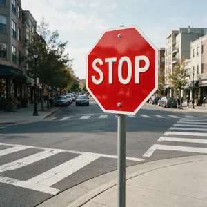 A red stop sign on a street corner displaying the word 