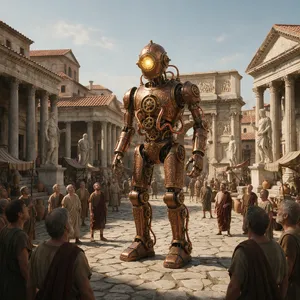 A steampunk robot time-traveling in ancient Rome, depicted in a detailed cinematic style that blends historical accuracy with copper and brass retrofuturistic aesthetics. - Bytedance Seedream 5.0 Pro