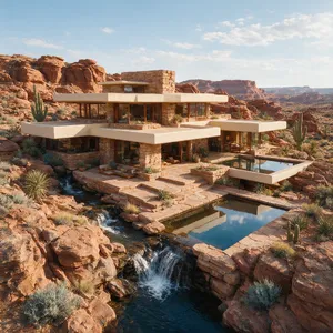 Aerial view of a modernist desert home, in the style of Frank Lloyd Wright's Fallingwater but adapted to desert conditions. Show integration with rocky landscape and water features. - Bytedance Seedream 5.0 Pro