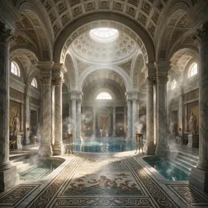 An ancient Roman bathhouse interior with accurate architectural details - marble columns, mosaic floors, arched ceilings, and steam rising from pools. Natural light from oculus openings. - Bytedance Seedream 5.0 Pro