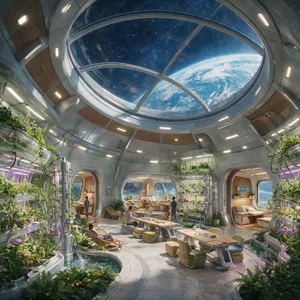 Interior of a futuristic space habitat with hydroponics gardens, communal areas, and living quarters. Show curved walls, artificial gravity considerations, and multipurpose furniture designs. - Bytedance Seedream 5.0 Pro