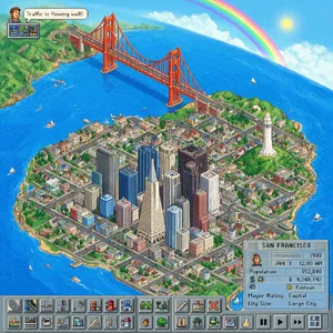 Pixel art cityscape of San Francisco in the iconic SimCity 2000 style, isometric view, detailed skyscrapers, residential areas, clearly identifiable Golden Gate Bridge, Coit Tower, Transamerica Pyramid, surrounded by the classic SimCity 2000 UI elements - Bytedance Seedream 5.0 Pro
