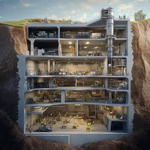 Cross-section rendering of a multi-level underground bunker with different functional areas, structural support systems, ventilation, and power generation facilities visible. - Midjourney Midjourney V6.1