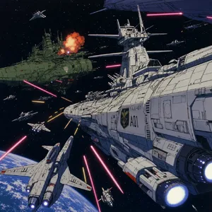 A 90s anime-style space battle scene with giant starships and laser beams. - Takumi Takumi 1