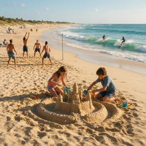 A beach scene: adults playing volleyball, kids building sandcastles, and surfers riding waves. - Takumi Takumi 1