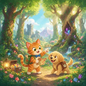 A cartoon of a cat and a dog on an adventure, drawn in a colorful 2D style. - Takumi Takumi 1
