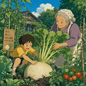 A child and elder tending oversized vegetables in a garden. Reproduce the artistic style of Studio Ghibli, with their distinctive character proportions and detailed plant illustrations. - Takumi Takumi 1