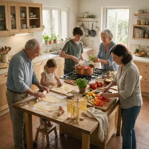 A family cooking together in a kitchen, each person busy with a different task. - Takumi Takumi 1