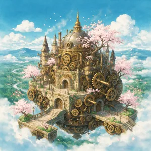 A floating steampunk castle in the sky with intricate mechanical gears and cherry blossom trees, illustrated in Hayao Miyazaki's Castle in the Sky (1986) art style with watercolor textures and detailed line work. - Takumi Takumi 1