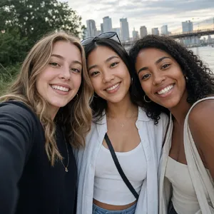 A group selfie of three friends of different ethnic backgrounds smiling at the camera. - Takumi Takumi 1