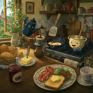 A kitchen with magical cooking implements preparing breakfast. Duplicate the artistic style of Studio Ghibli's domestic scenes, with Miyazaki's detailed settings and warm lighting. - Takumi Takumi 1
