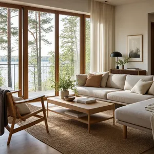 A photorealistic interior of a modern Scandinavian-style living room with natural light streaming through floor-to-ceiling windows. Show detailed wood textures, fabric materials, and proper light reflections. - Takumi Takumi 1