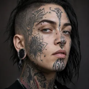 A portrait of a person with elaborate facial tattoos and piercings, shown in sharp detail. - Takumi Takumi 1