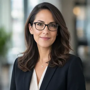 A professional headshot of a businesswoman wearing glasses, against a blurred background. - Takumi Takumi 1