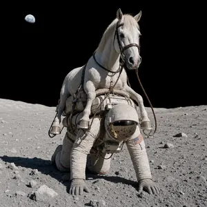 A realistic astronaut being ridden by a horse, photorealistic depiction in outer space with accurate lighting and proportions - Takumi Takumi 1
