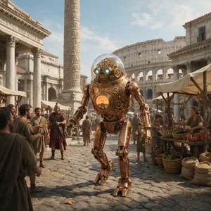 A steampunk robot time-traveling in ancient Rome, depicted in a detailed cinematic style that blends historical accuracy with copper and brass retrofuturistic aesthetics. - Takumi Takumi 1