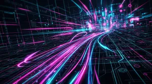Abstract background graphic, cyberpunk aesthetic, neon pink/blue light trails on dark grid, sense of digital speed, for desktop wallpaper. - Takumi Takumi 1