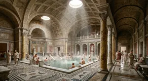 An ancient Roman bathhouse interior with accurate architectural details - marble columns, mosaic floors, arched ceilings, and steam rising from pools. Natural light from oculus openings. - Takumi Takumi 1