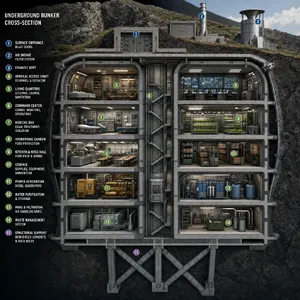 Cross-section rendering of a multi-level underground bunker with different functional areas, structural support systems, ventilation, and power generation facilities visible. - Takumi Takumi 1