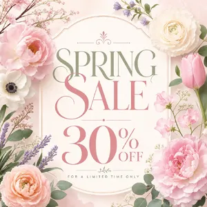 Instagram post graphic: 'SPRING SALE 30% OFF'. Floral background, pastel colors, elegant serif font style visually integrated. - Takumi Takumi 1