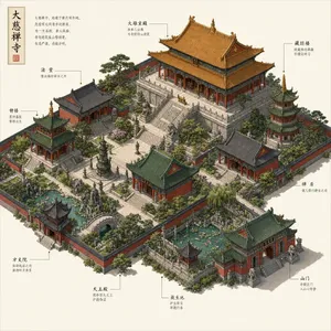 Isometric architectural illustration of an ancient Chinese temple complex showing multiple pavilions, gardens, and ceremonial spaces. Include proper roof structures and traditional ornamentation. - Takumi Takumi 1