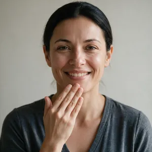 Photorealistic close-up portrait of a person clearly performing the American Sign Language gesture for 