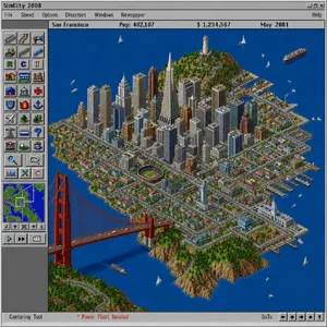 Pixel art cityscape of San Francisco in the iconic SimCity 2000 style, isometric view, detailed skyscrapers, residential areas, clearly identifiable Golden Gate Bridge, Coit Tower, Transamerica Pyramid, surrounded by the classic SimCity 2000 UI elements - Takumi Takumi 1