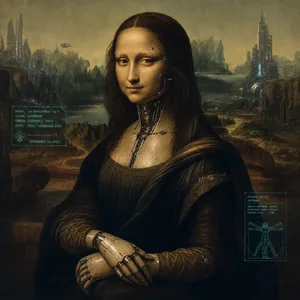 The Mona Lisa reimagined as a futuristic android, rendered in a digital art style that preserves Da Vinci's composition while incorporating sleek cyberpunk aesthetics and technological elements. - Takumi Takumi 1