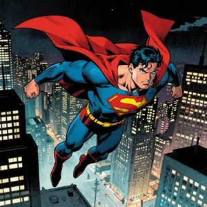 A comic-book style superhero flying over a city at night, with halftone shading. - Alibaba Z-Image Turbo