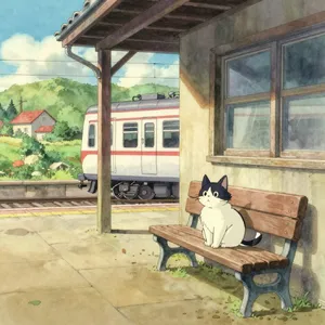 A countryside train station with a cat waiting on a bench. Rendered in Studio Ghibli animation style with Miyazaki's watercolor backgrounds and hand-drawn quality. - Alibaba Z-Image Turbo